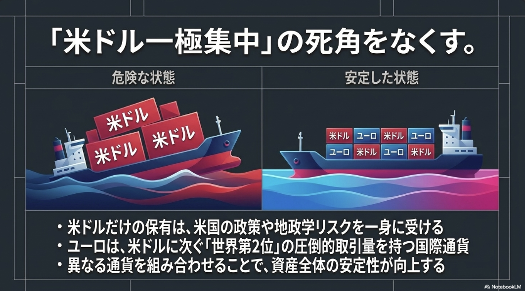米ドルに偏った資産構成と複数通貨に分散した資産構成を船で比較した図