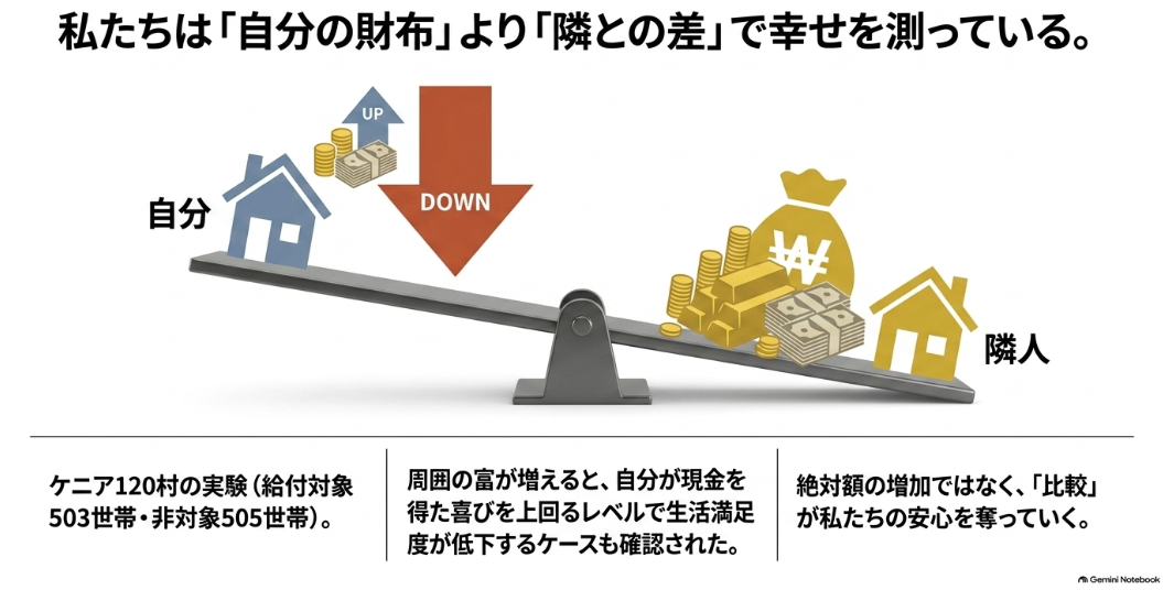 自分の資産より隣人との差で幸福度が測られることを示すシーソー図とケニア120村の実験結果