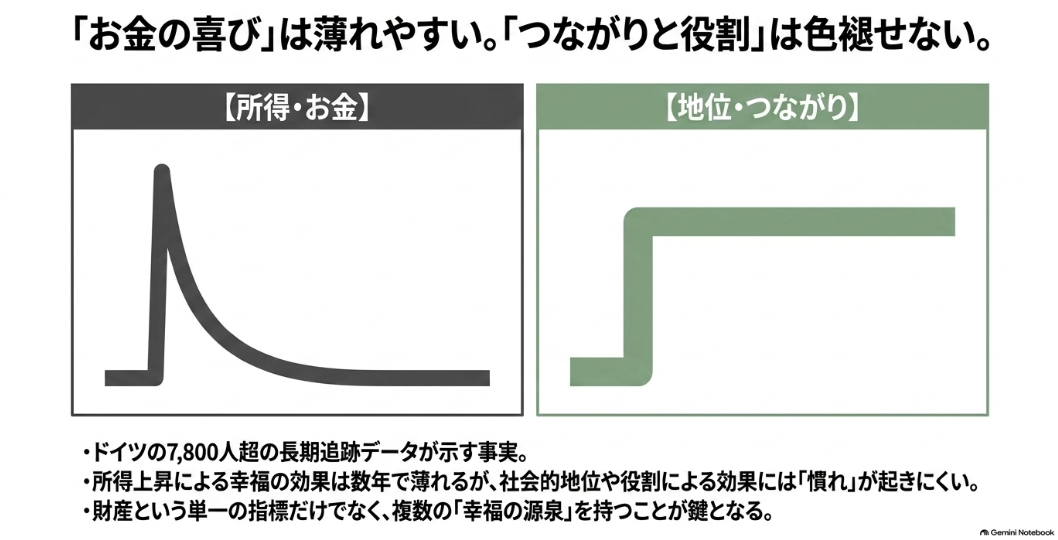 所得による幸福度は急速に薄れ地位やつながりによる満足感は持続することを示す比較グラフ