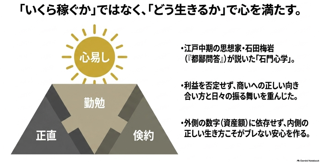 石田梅岩の石門心学における正直・勤勉・倹約と心易しの関係を示すピラミッド図