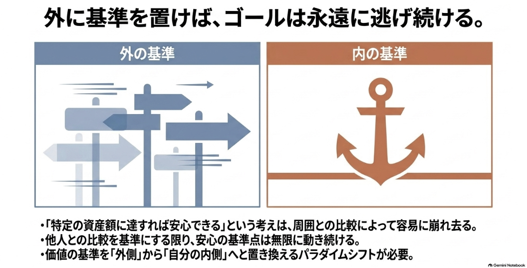 他人との比較による外の基準と自分の内側に置く基準を道標と錨で対比したイラスト