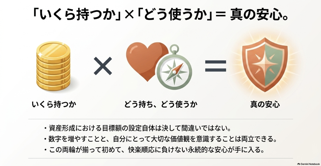 いくら持つかとどう使うかの掛け算が真の安心を生むことを示すまとめ図