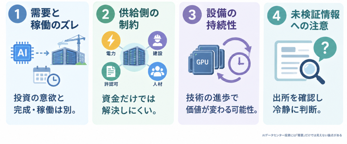 データセンター投資で需要だけでは見えない4つの論点を示す図。需要と稼働のズレ、電力・建設・許認可・人材といった供給側の制約、設備の持続性、未検証情報への注意