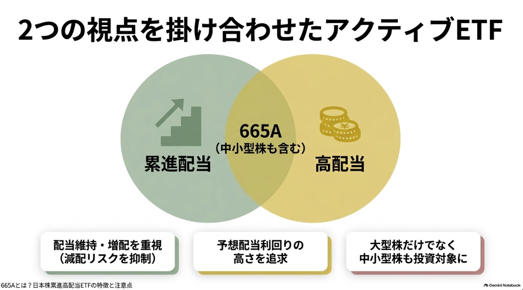 累進配当と高配当の2つの視点を掛け合わせたアクティブETF（665A）の概念図