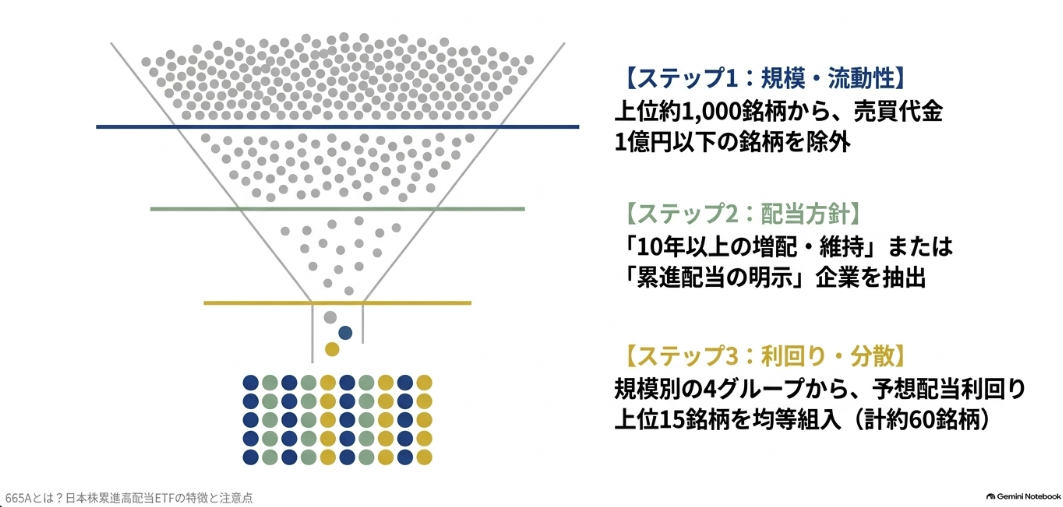 665Aの銘柄選定ステップ（規模・流動性、配当方針、利回り・分散の3段階プロセス）