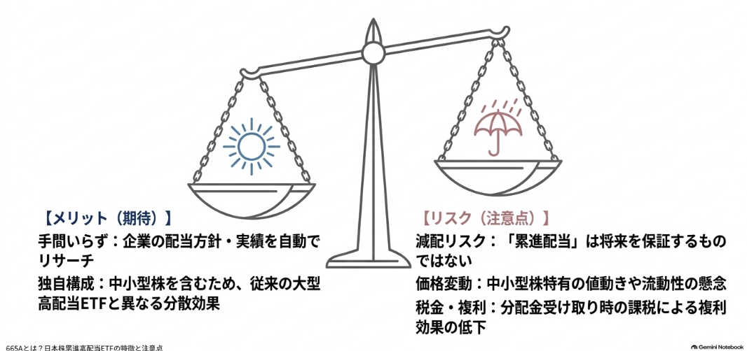 累進高配当ETFのメリット（手間削減・分散効果）とリスク（減配・価格変動・税金）の比較天秤図