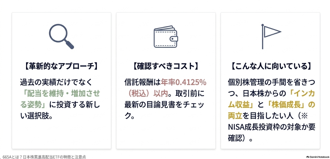 まとめ：配当方針と利回りの両方に着目するETF（革新的なアプローチ、コスト、向いている人）