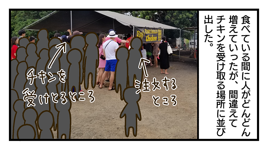 食べている間にどんどん人が増えていったが、間違えてチキンを受け取る場所に並び出す人たち