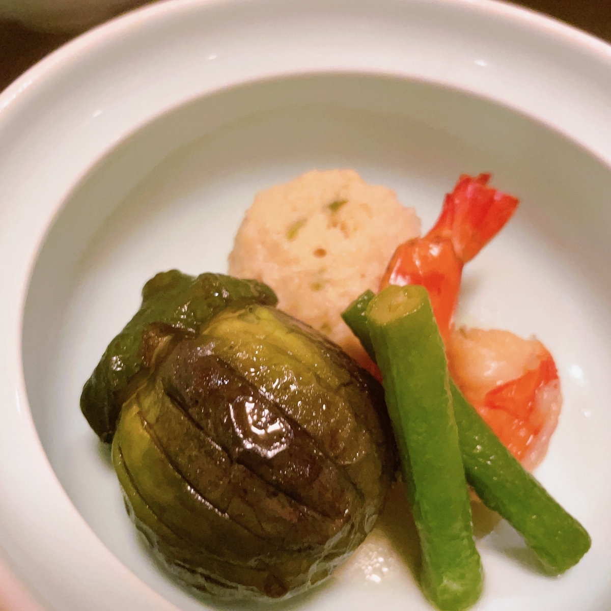 煮物　つみれ・えび・丸茄子・インゲン