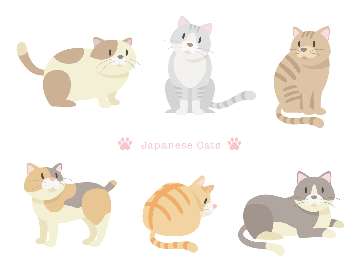 猫のイラスト,6匹,白いねこねこ作