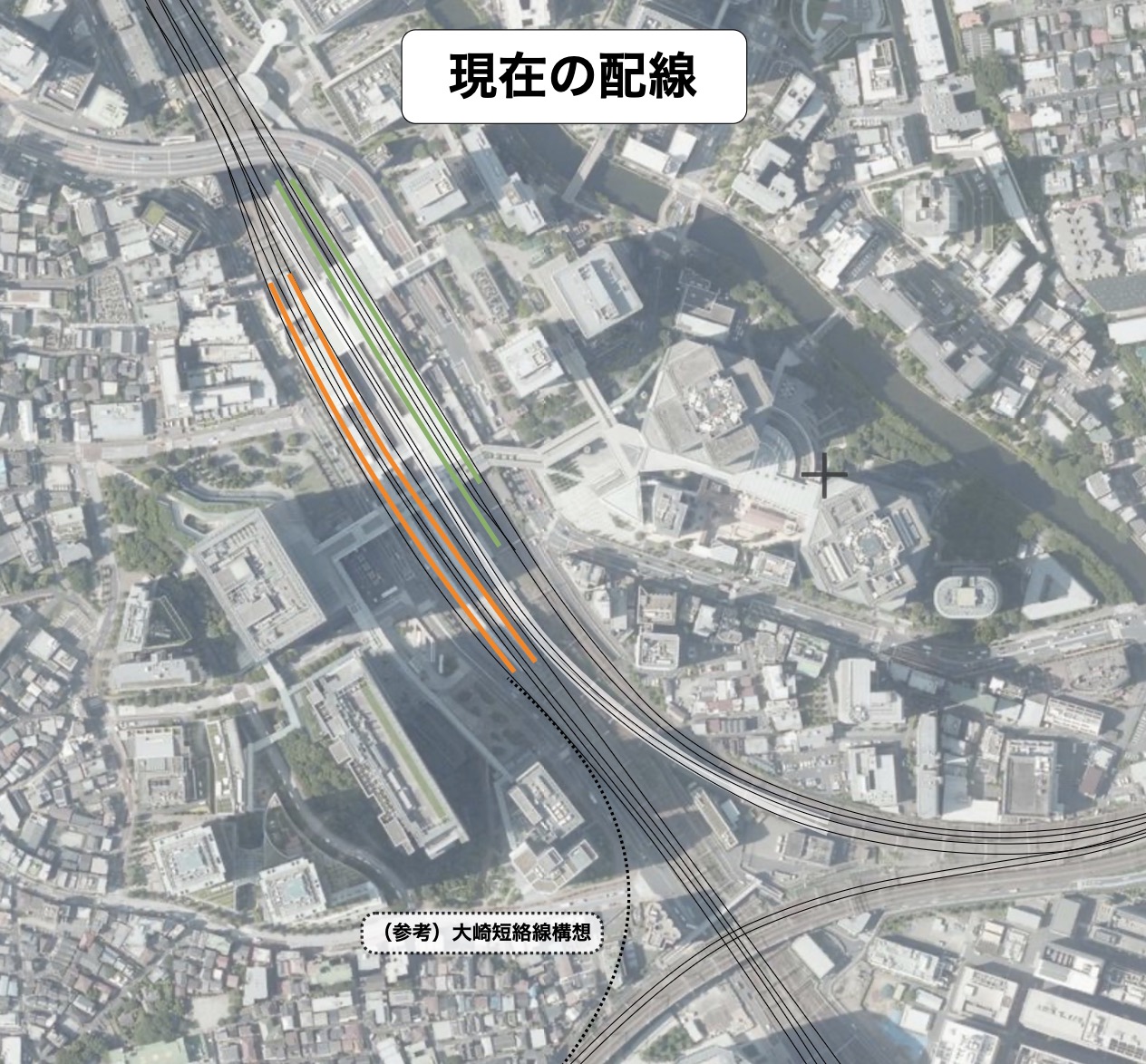 大崎駅付近の衛星写真に配線が上書きされた画像