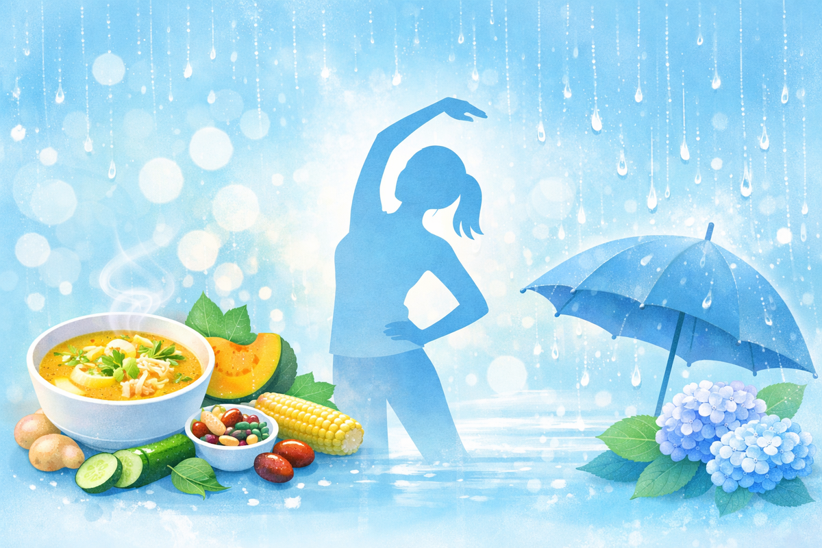 柔らかな青を基調にした梅雨の養生イメージ。左に薬膳スープや野菜などの食材、中央にストレッチをする人物のシルエット、右に雨粒と傘、アジサイが描かれた横長デザイン。食事・運動・雨をテーマにした軽やかな季節のアイキャッチ。