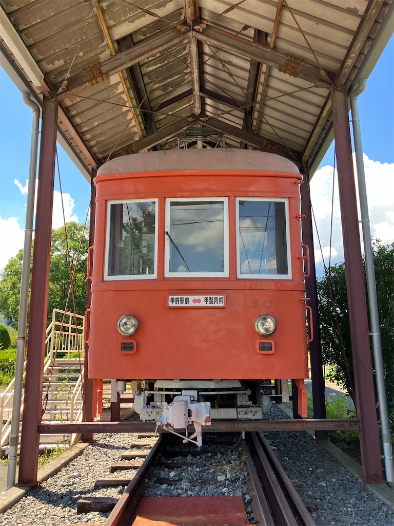 ボロ電“山梨交通電車線跡ポタ③モハ7（＝江ノ電801号）と甲斐青柳駅跡