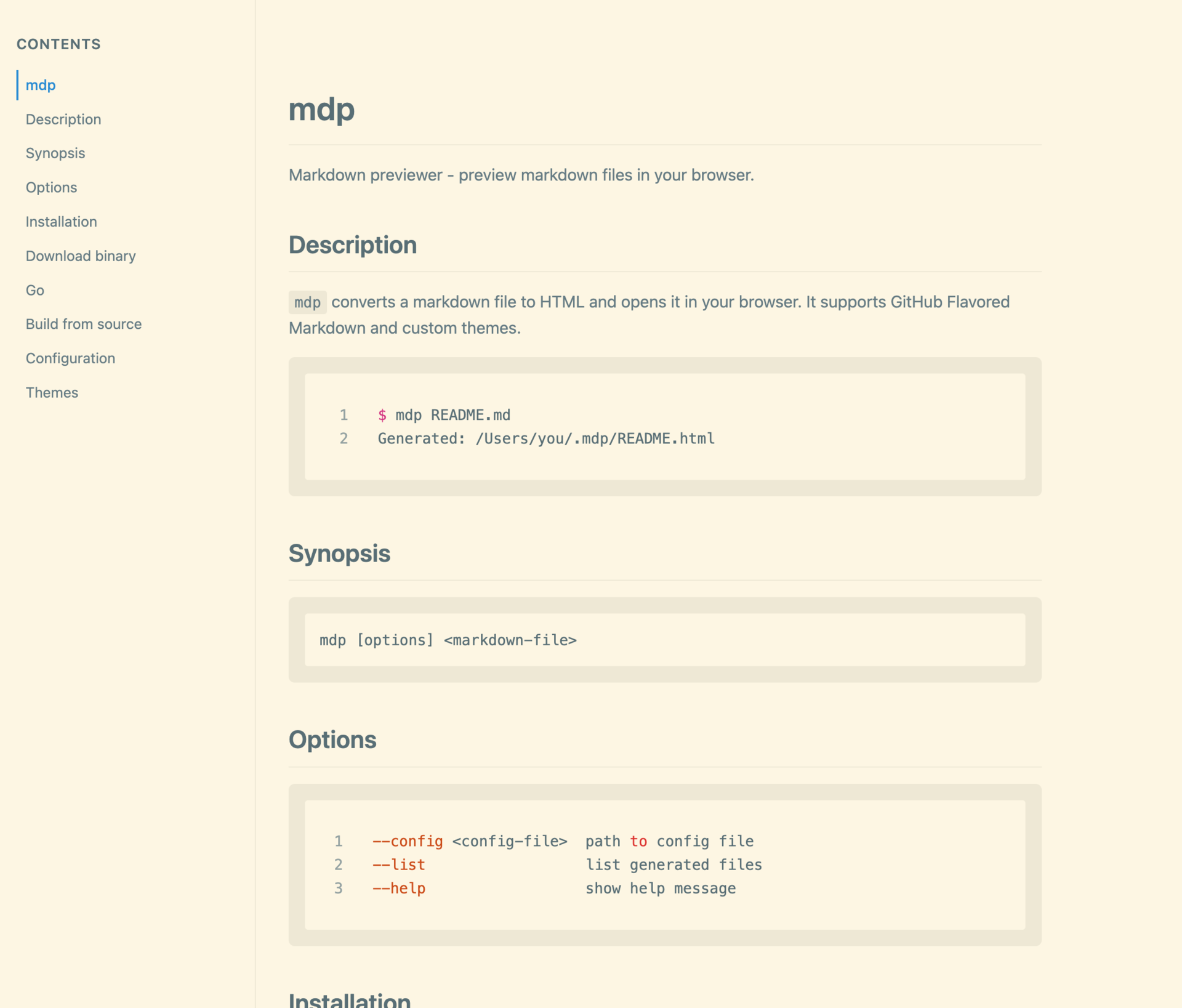mdpで変換したMarkdownでシンタックスハイライトされている表示
