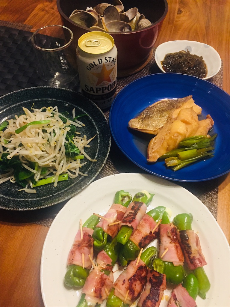 真鱈の煮付け あさりの酒蒸し ピーマンベーコン巻き 手料理に勝るものはない