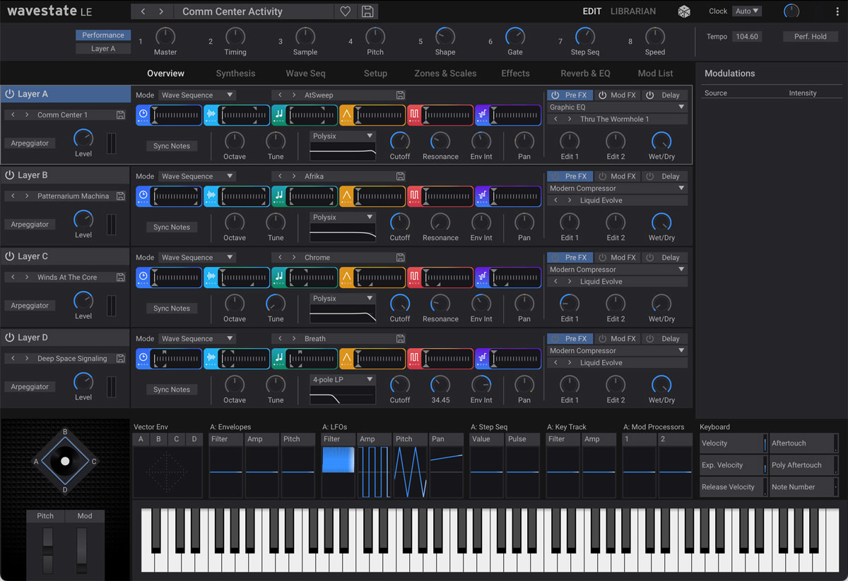 Keystageに付属するソフトシンセ、wavestate native LE。このほかAbleton Live Lite、KORG Gadget Producer Bundleなど多数のソフトが付属する