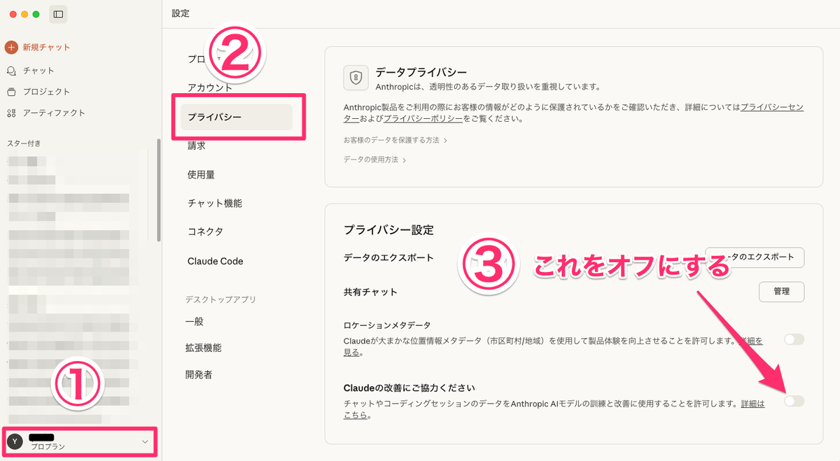 会話内容をモデル学習に提供しないようにする手順