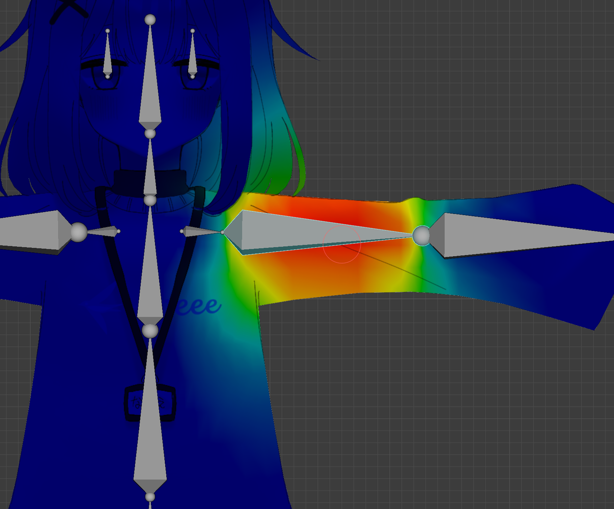 ウェイトペイントモードに変わり、左腕のボーンのウェイトが表示されている画像