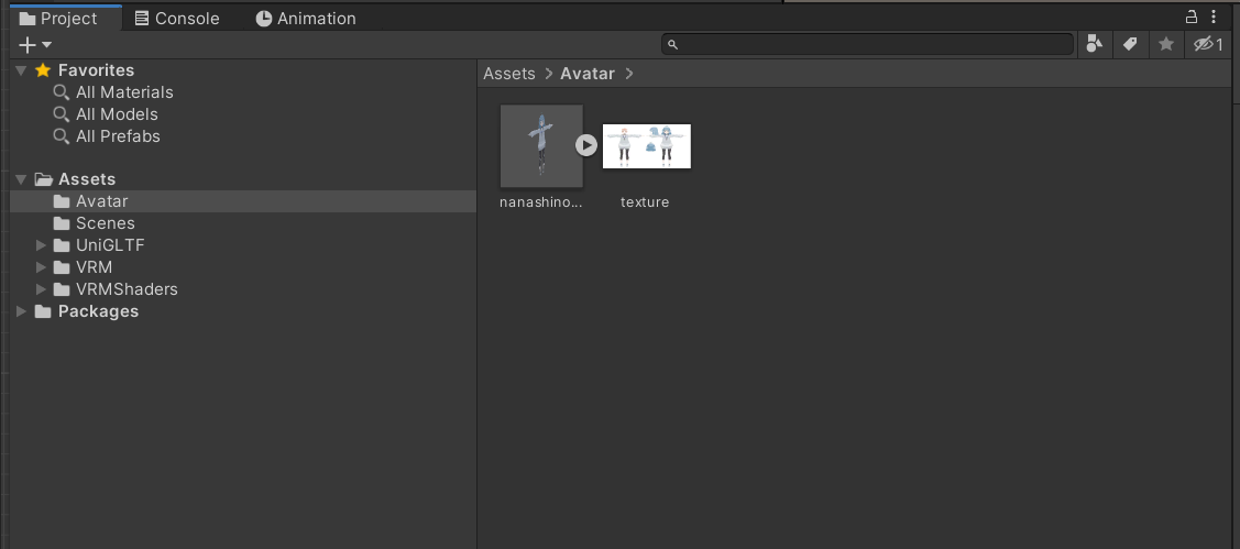 UnityのProject無いにFBXファイルとテクスチャをドラッグ&ドロップするスクリーンショット