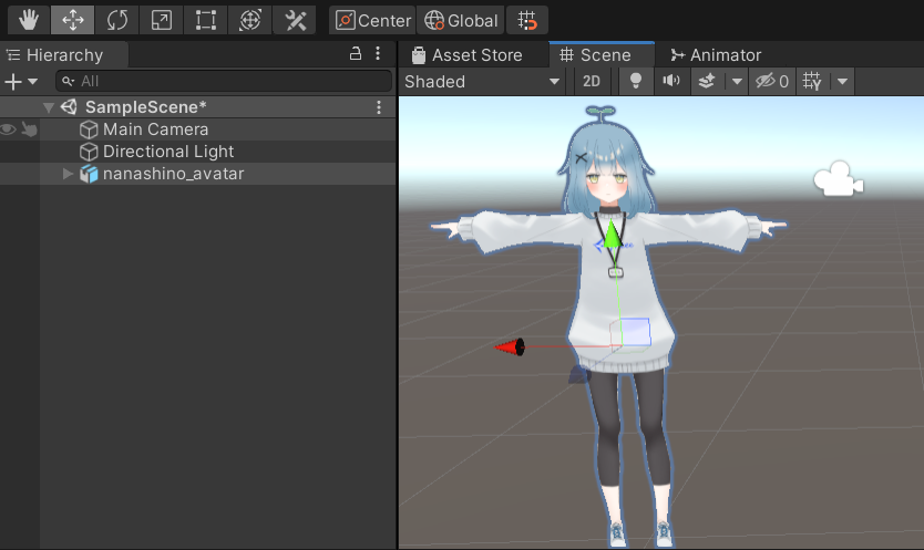 Hierarchyに追加し、Scene画面にアバターが表示されているスクリーンショット