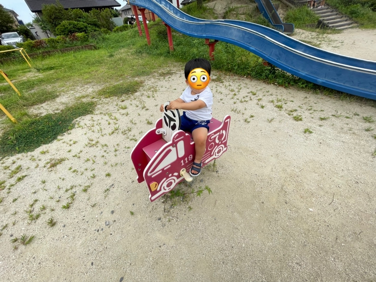 愛知県半田市にある1歳から遊べる幼児用遊具のあるのぞみヶ丘公園のスイング遊具で遊ぶ男児