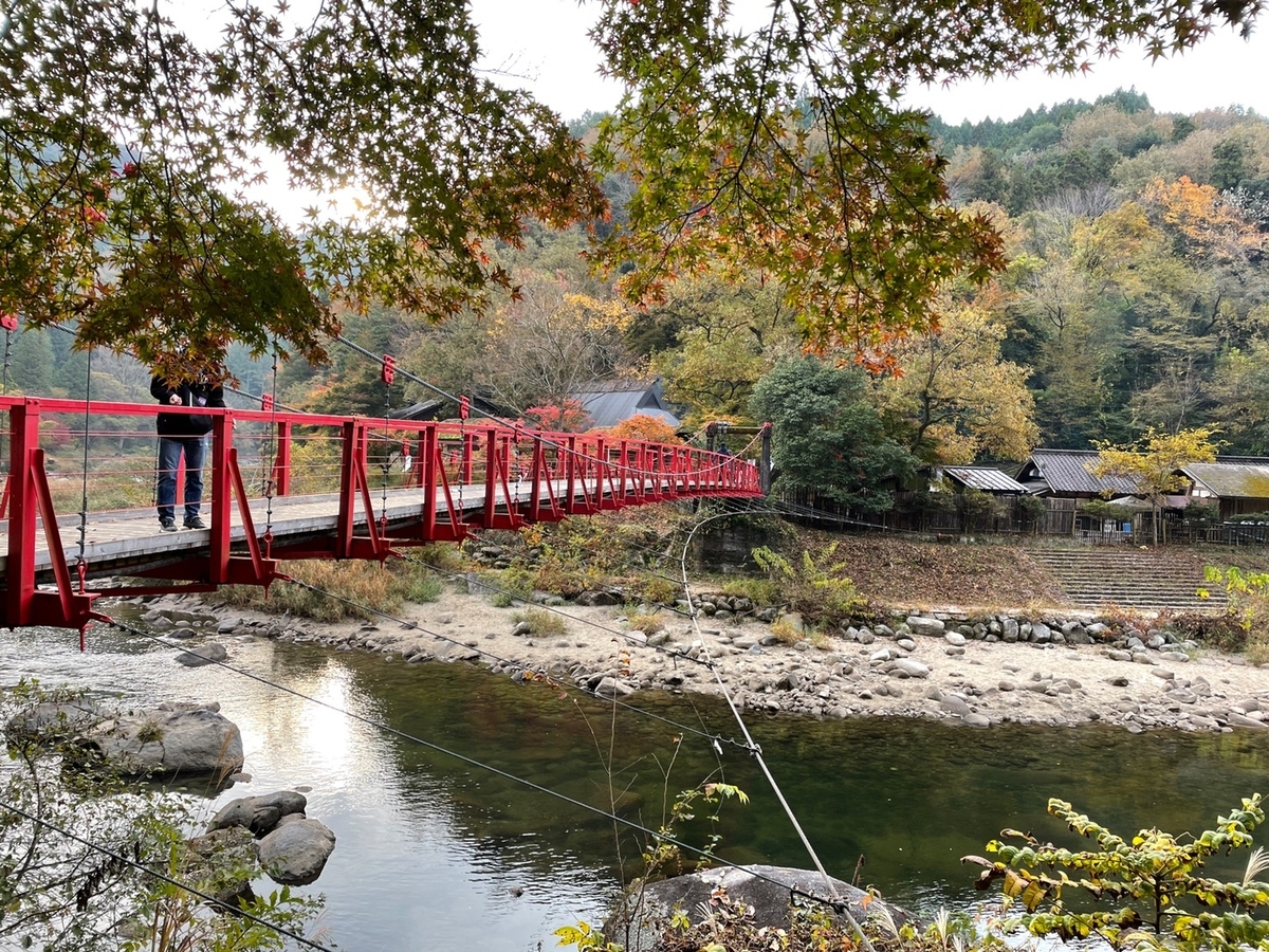 愛知県豊田市の香嵐渓にある香嵐橋と紅葉の風景