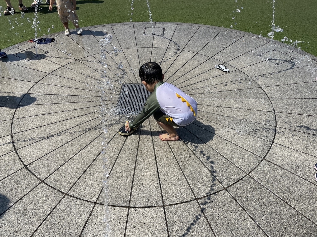 子どもの遊び場として人気の大府市にあるすくすくヶ丘で水遊びを楽しむ男児