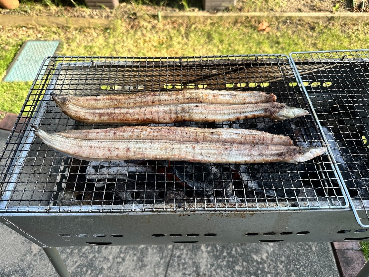 生うなぎをバーベキューコンロで焼く様子
