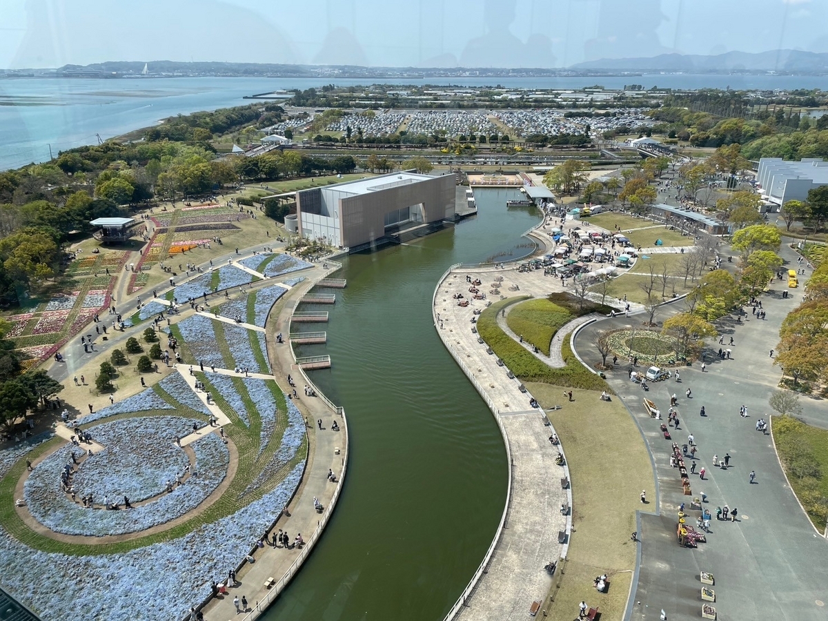 静岡県浜松市の浜名湖花博2024、浜名湖ガーデンパークの展望塔からみる全景とネモフィラ