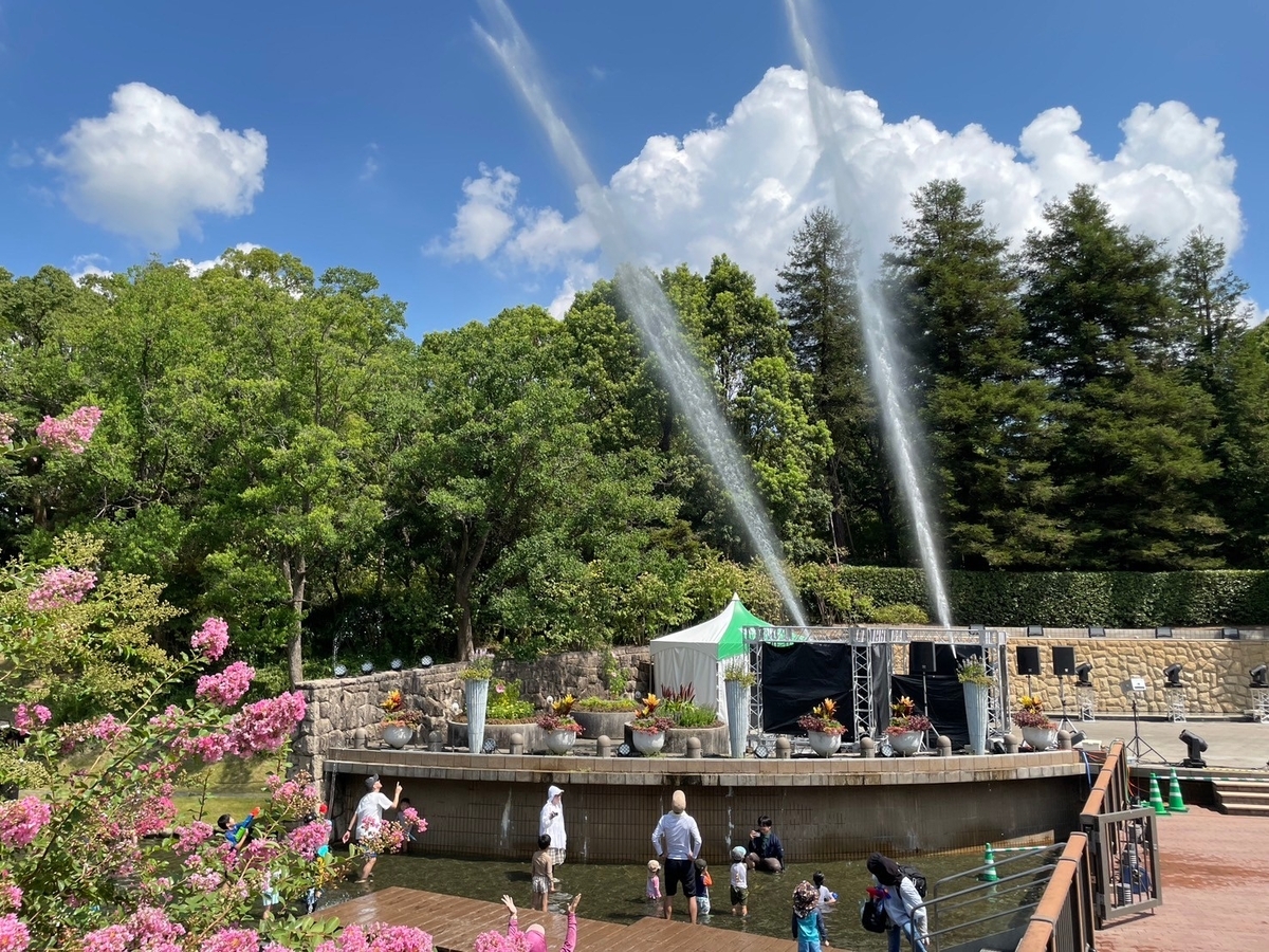 子どもの遊び場｜愛知県安城市にある安城デンパークの水遊びスポット「じゃぶじゃぶ池」のスプラッシュキャノンを楽しむ子ども達