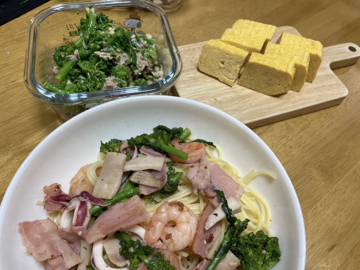 南知多町の観光農園花ひろばで摘んだ菜の花のパスタと美浜町のたまごのじかんのだし巻きたまご