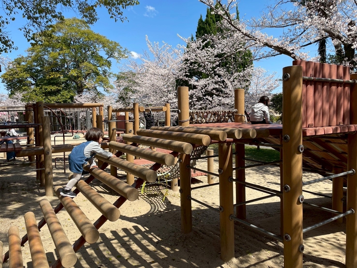 西三河の桜の名所2025｜高浜市にある大山緑地のチビッコ広場の遊具で遊ぶ女児と桜