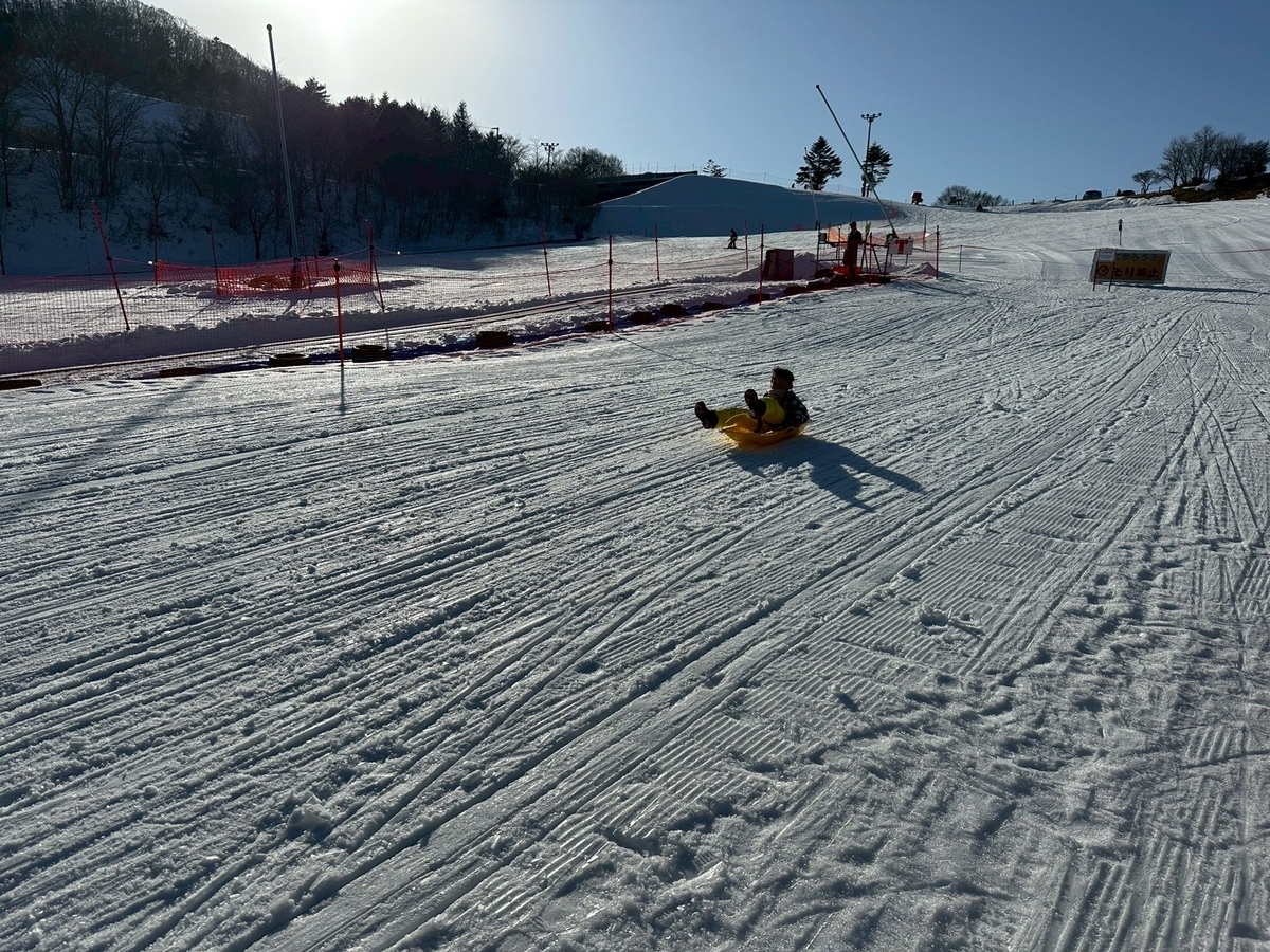 豊根村｜子どものスキーデビューにぴったりな茶臼山高原スキー場のソリゲレンデで遊ぶ男の子