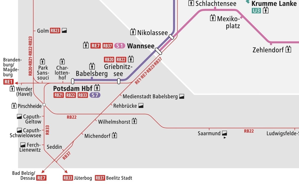 ベルリン市内の交通機関の路線図のポツダム中央駅部分を拡大