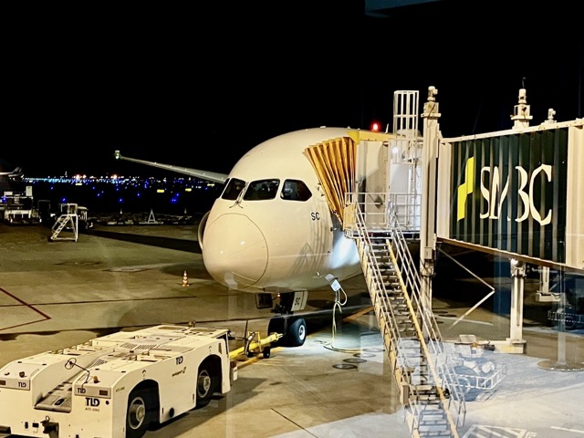 夜の成田空港に駐機するLOTポーランド航空のボーイング787ドリームライナー