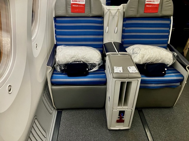 LOTポーランド航空ビジネススクラスのシート。青とグレーのボーダー柄に白い枕