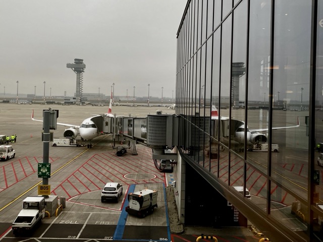BERのターミナル内（ガラス越し）から見たエプロン（駐機場）の風景。搭乗予定のオーストリア航空機がゲートに接続されている