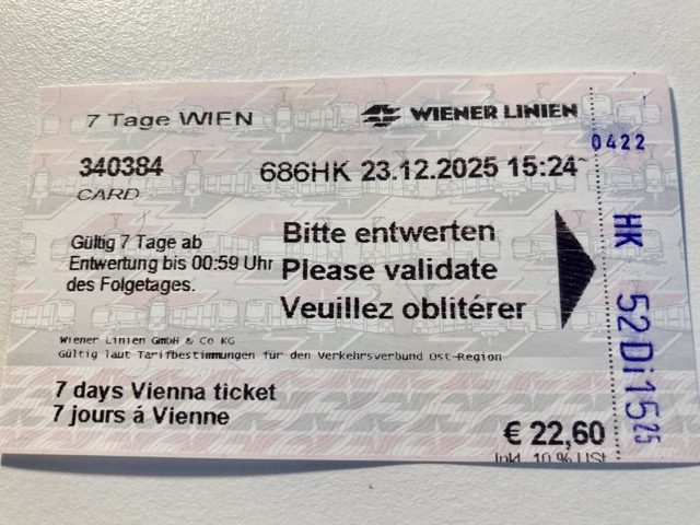 ウィーン公共交通機関の7日間チケット（7 Tage WIEN）。価格は22.60ユーロ