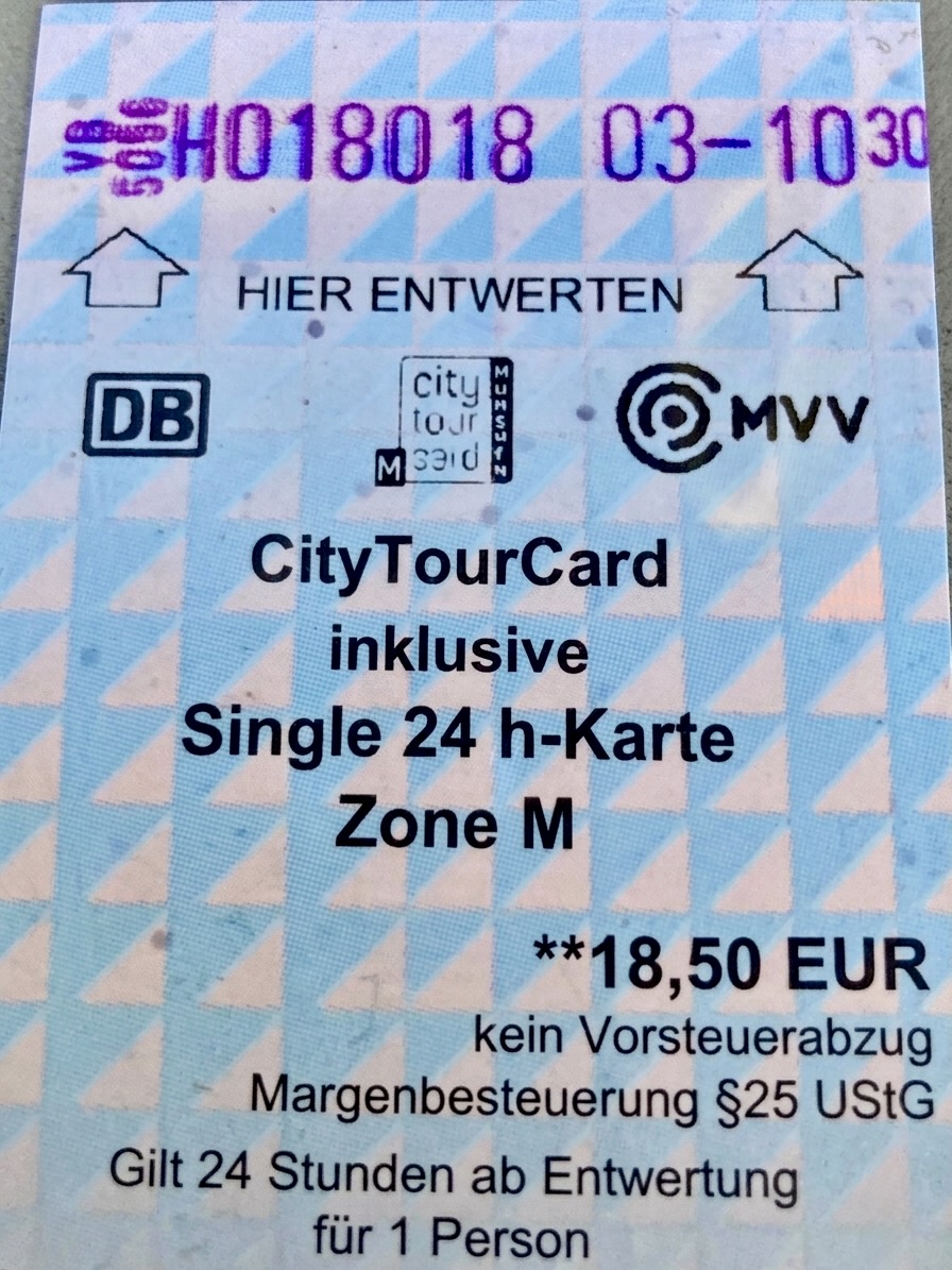 ミュンヘン・シティツアーカード（24時間・1人用・ゾーンM）のチケット。€18.50で、打刻から24時間有効と記載されている