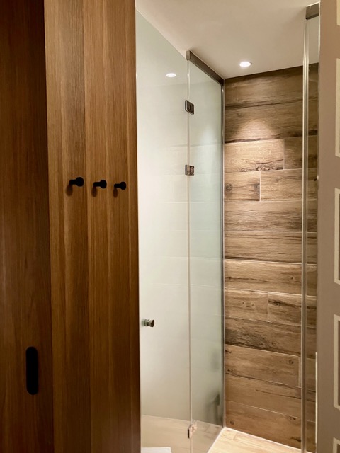 客室内のトイレへと続く曇りガラスのドアと、木目の壁に設置された3つのコートフック