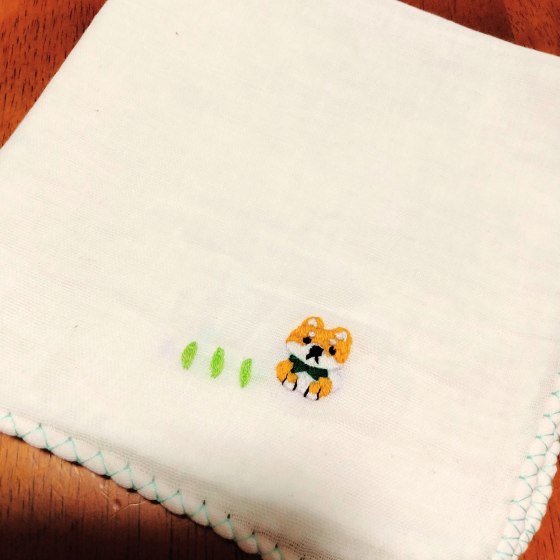 刺繍　ハンドメイド　ガーゼハンカチ　柴犬　写真　画像