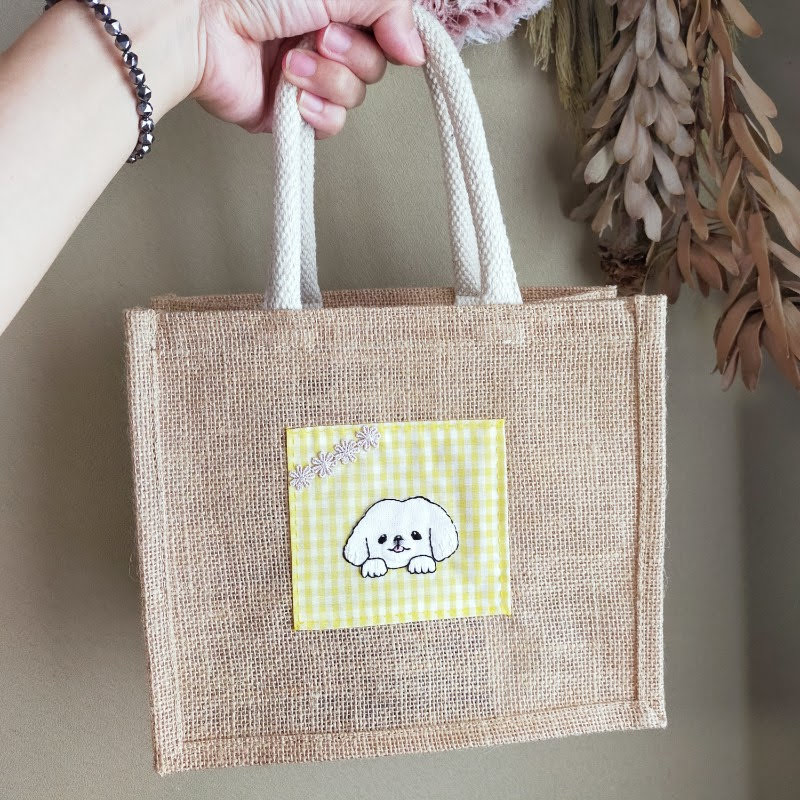 ペキニーズ　ジュートバッグ　夏バッグ　刺繍　鼻ぺちゃ犬　画像　写真