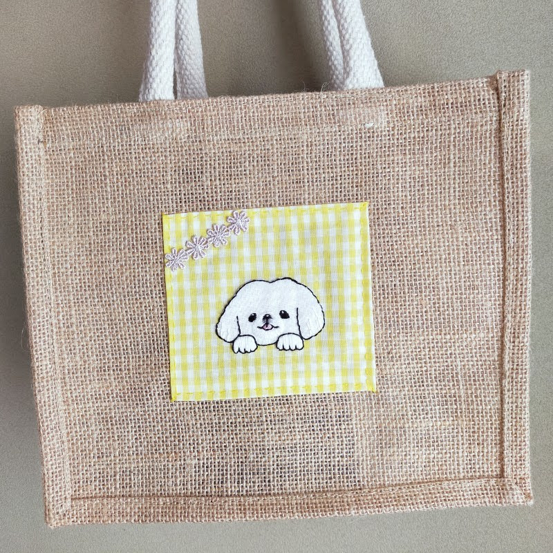 ペキニーズ　ジュートバッグ　夏バッグ　刺繍　鼻ぺちゃ犬　画像　写真