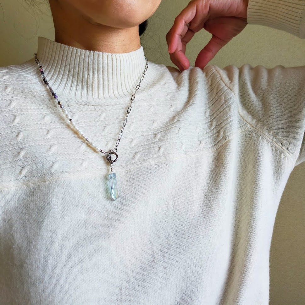 天然石　クリスタル　ブルー　氷柱　ネックレス　パワーストーン　写真　画像　天然石ネックレス　minne　creema　販売