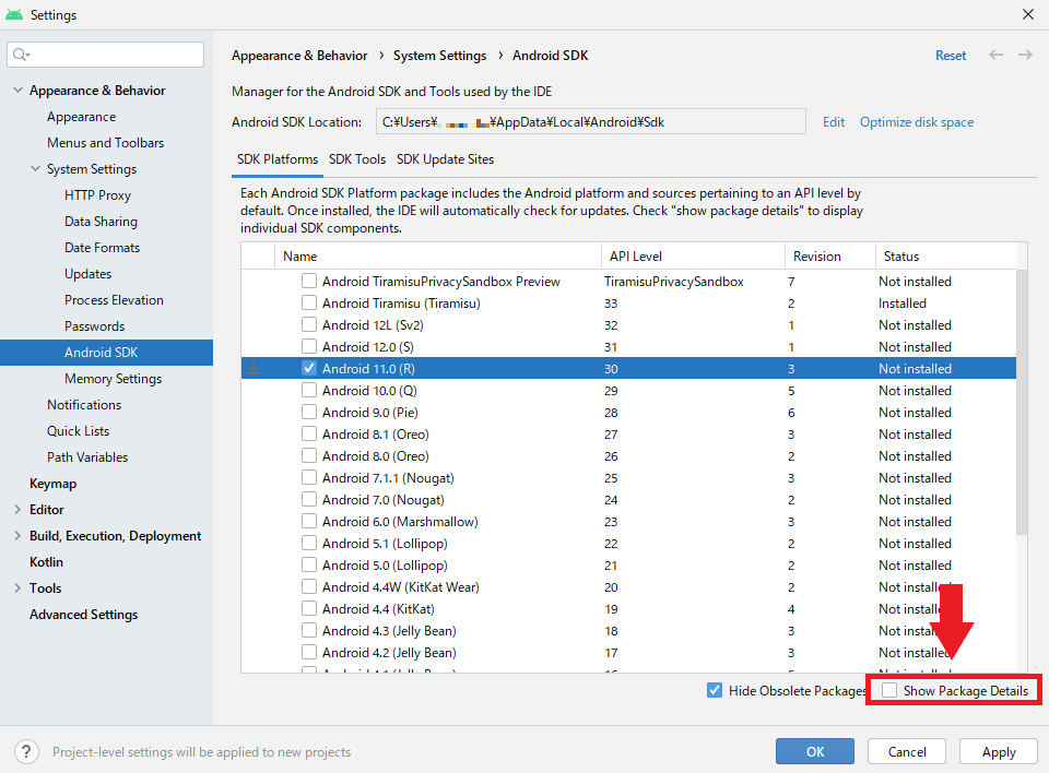 SDK Platforms Show Package Details