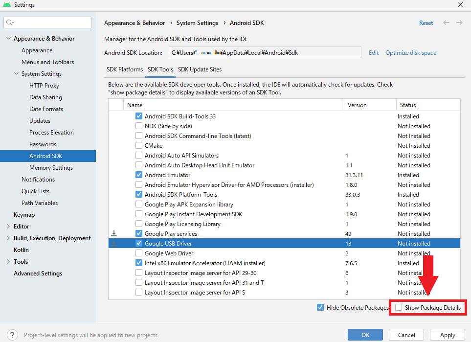 SDK Tools Show Package Details