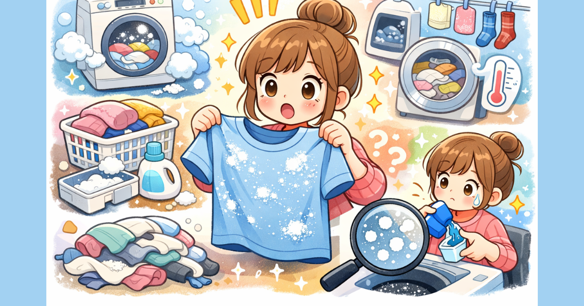 洗濯ものに白いカスがついていて衝撃を受けている女の子の画像
