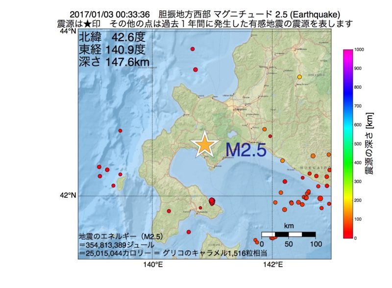 地震震源マップ：2017年01月03日 00時33分　胆振地方西部 M2.5