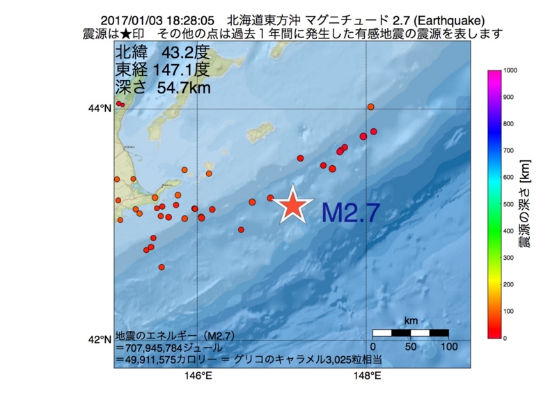 地震震源マップ：2017年01月03日 18時28分　北海道東方沖 M2.7