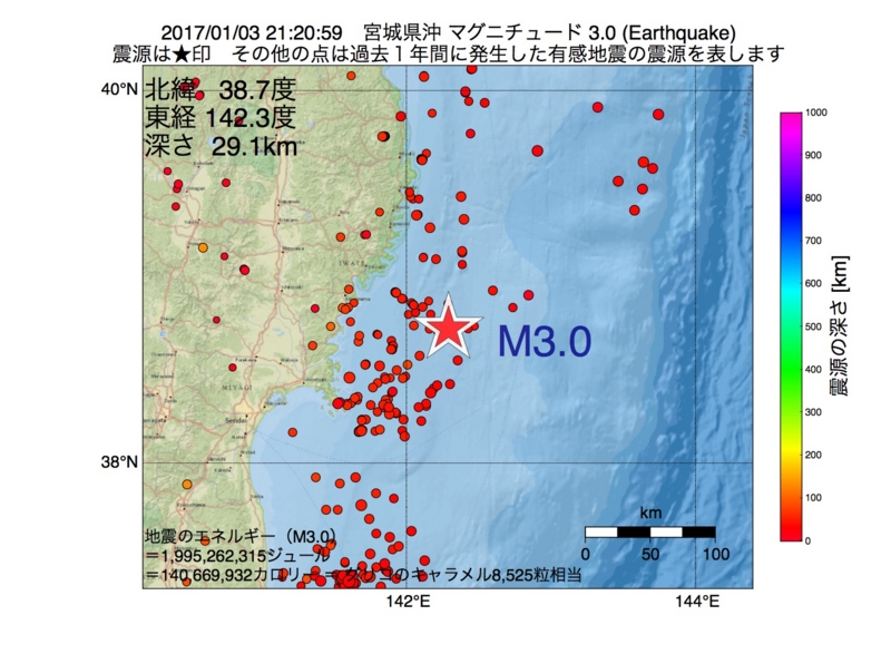 地震震源マップ：2017年01月03日 21時20分　宮城県沖 M3.0